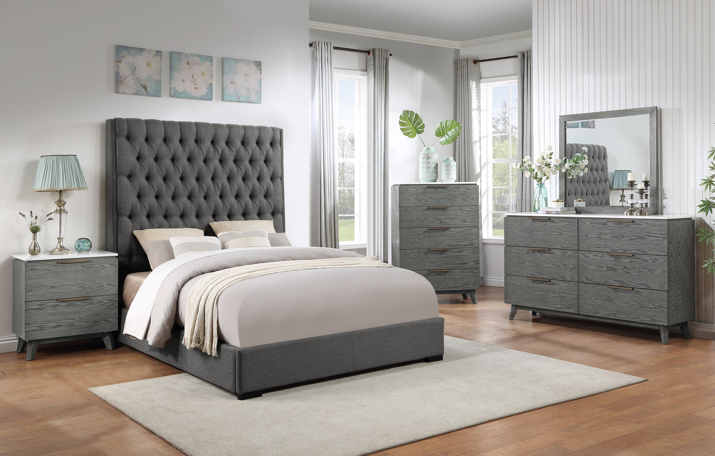 Nathan 5-drawer Chest White Marble and Grey