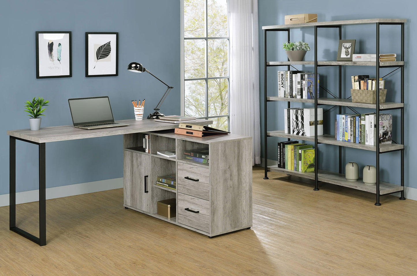Hertford L-shape Office Desk with Storage Grey Driftwood