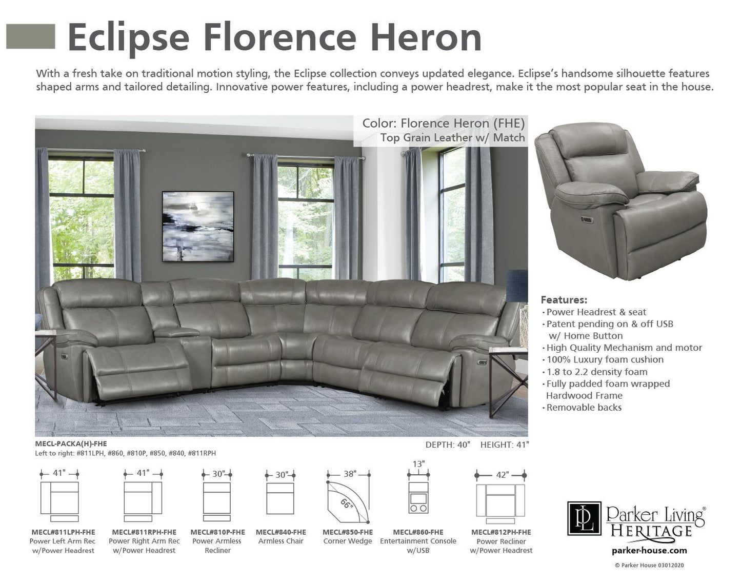 Eclipse Florence Heron Sectional Power Sectional Armless Recliner