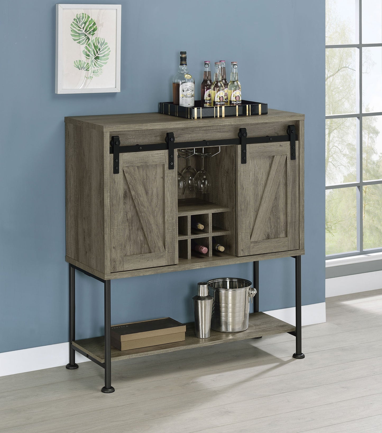 Claremont Sliding Door Bar Cabinet with Lower Shelf Grey Driftwood