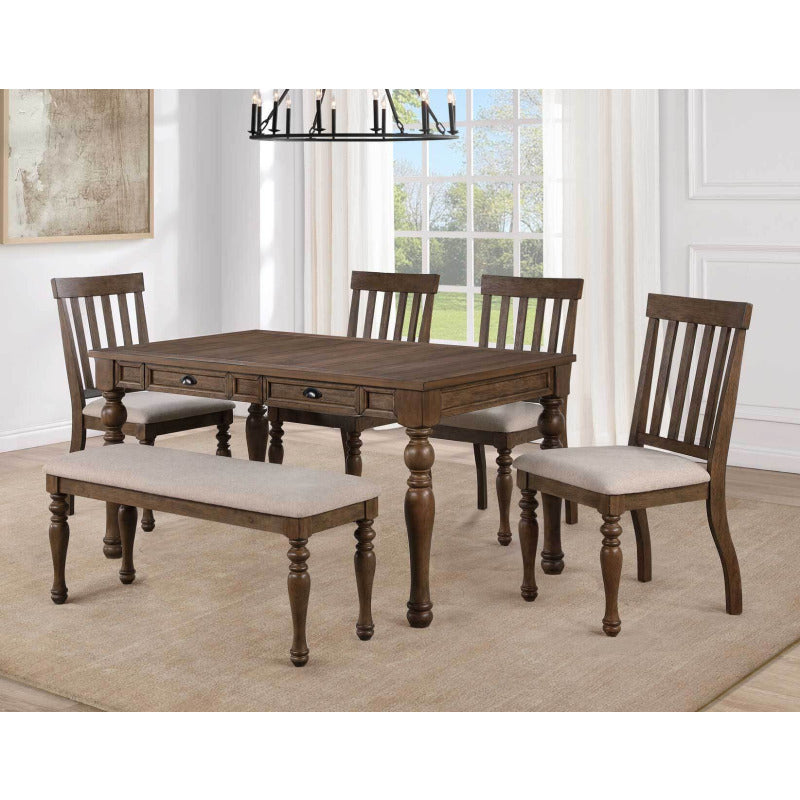 Joanna Brown Table, 4 Side Chairs & Bench