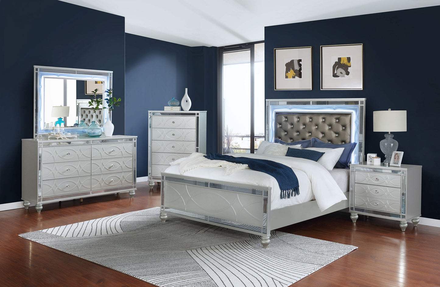 Gunnison Queen Panel Bed with LED Lighting Silver Metallic