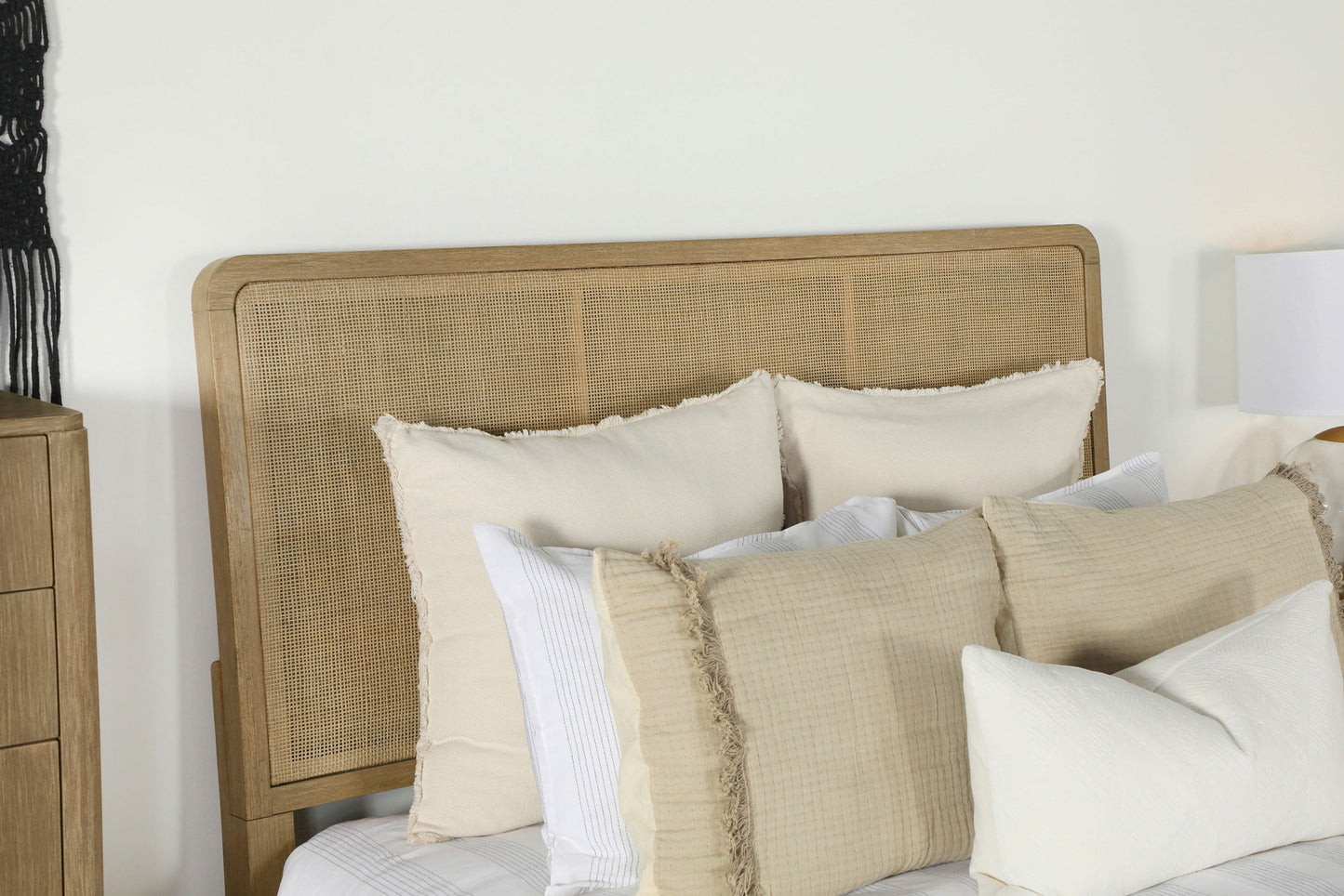 Arini Upholstered Eastern King Panel Bed Sand Wash and Natural Cane