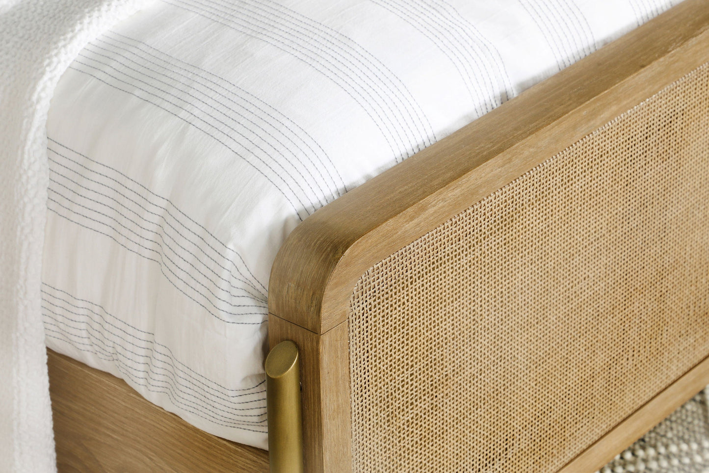 Arini Upholstered Eastern King Panel Bed Sand Wash and Natural Cane