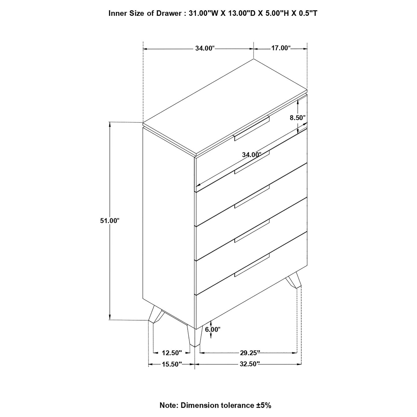 Nathan 5-drawer Chest White Marble and Grey