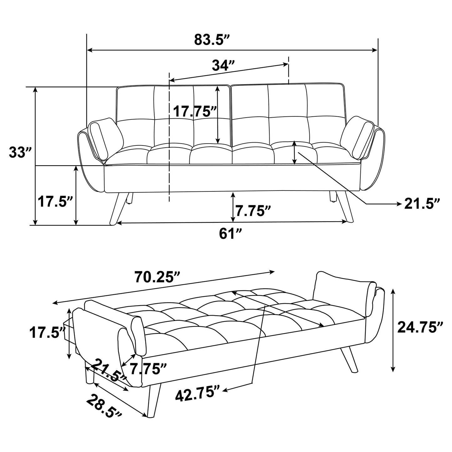 Caufield Upholstered Buscuit Tufted Covertible Sofa Bed Grey