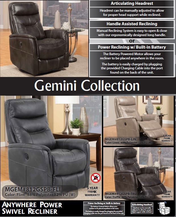 Gemini Flint Power Swivel Glider Recliner