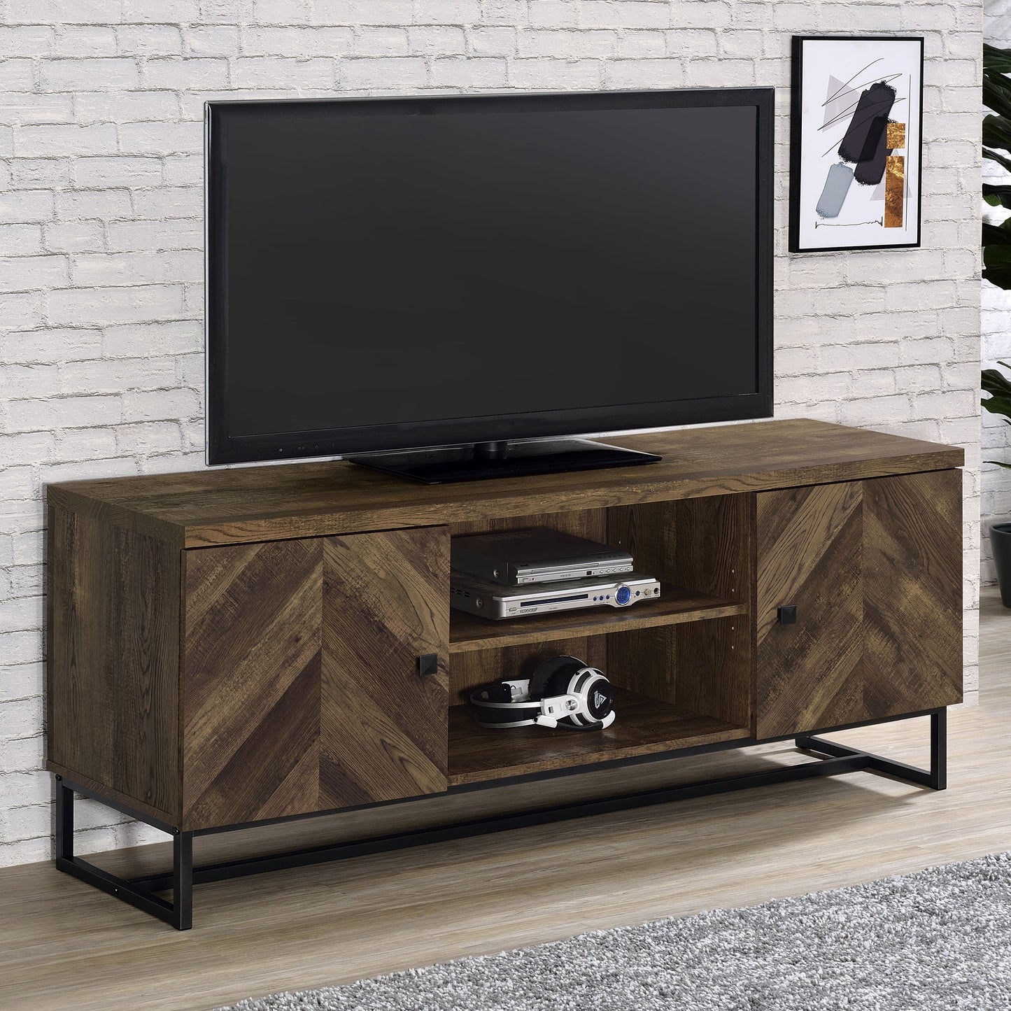 Myles 2-door TV Console with AdjusTable Shelves Rustic Oak Herringbone