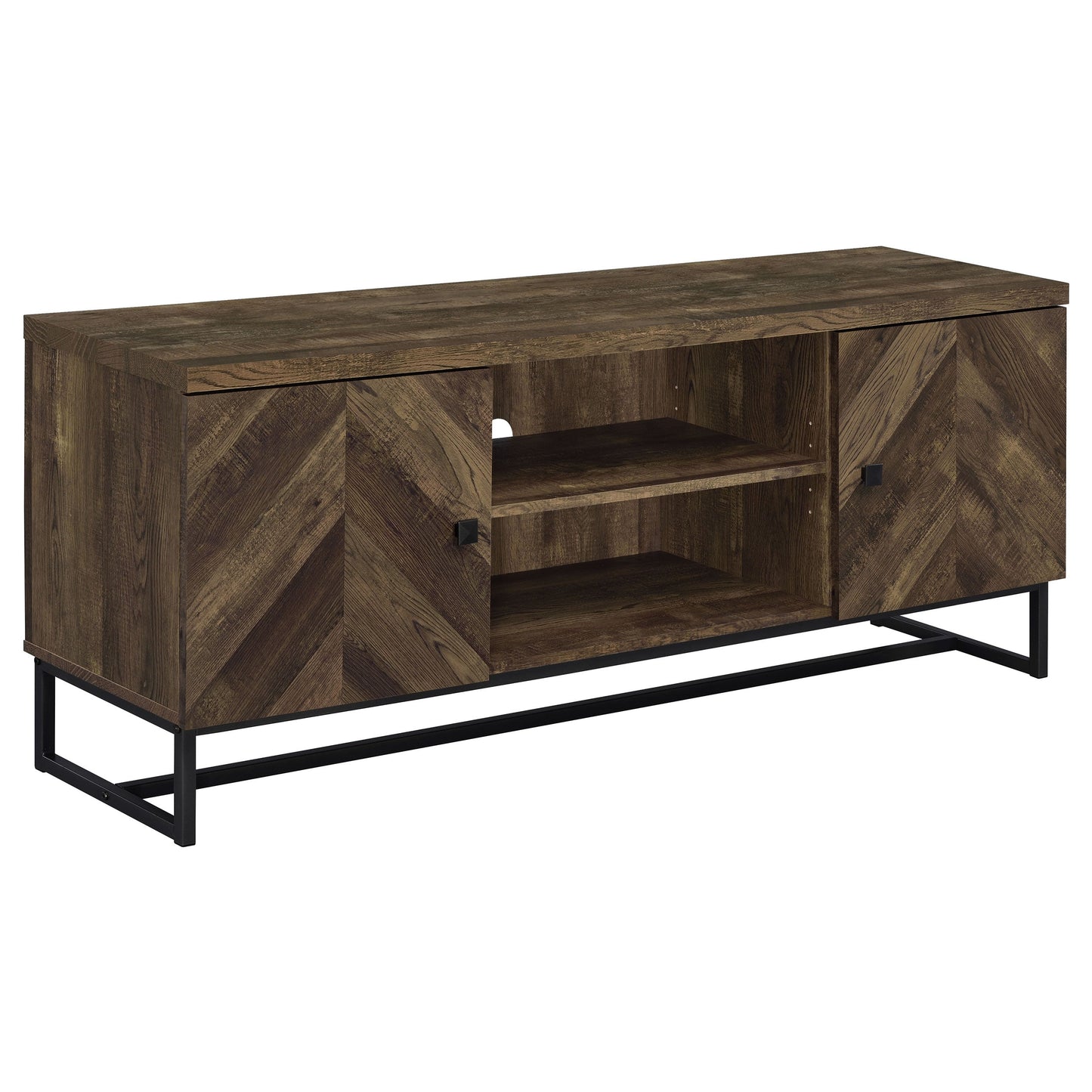 Myles 2-door TV Console with AdjusTable Shelves Rustic Oak Herringbone