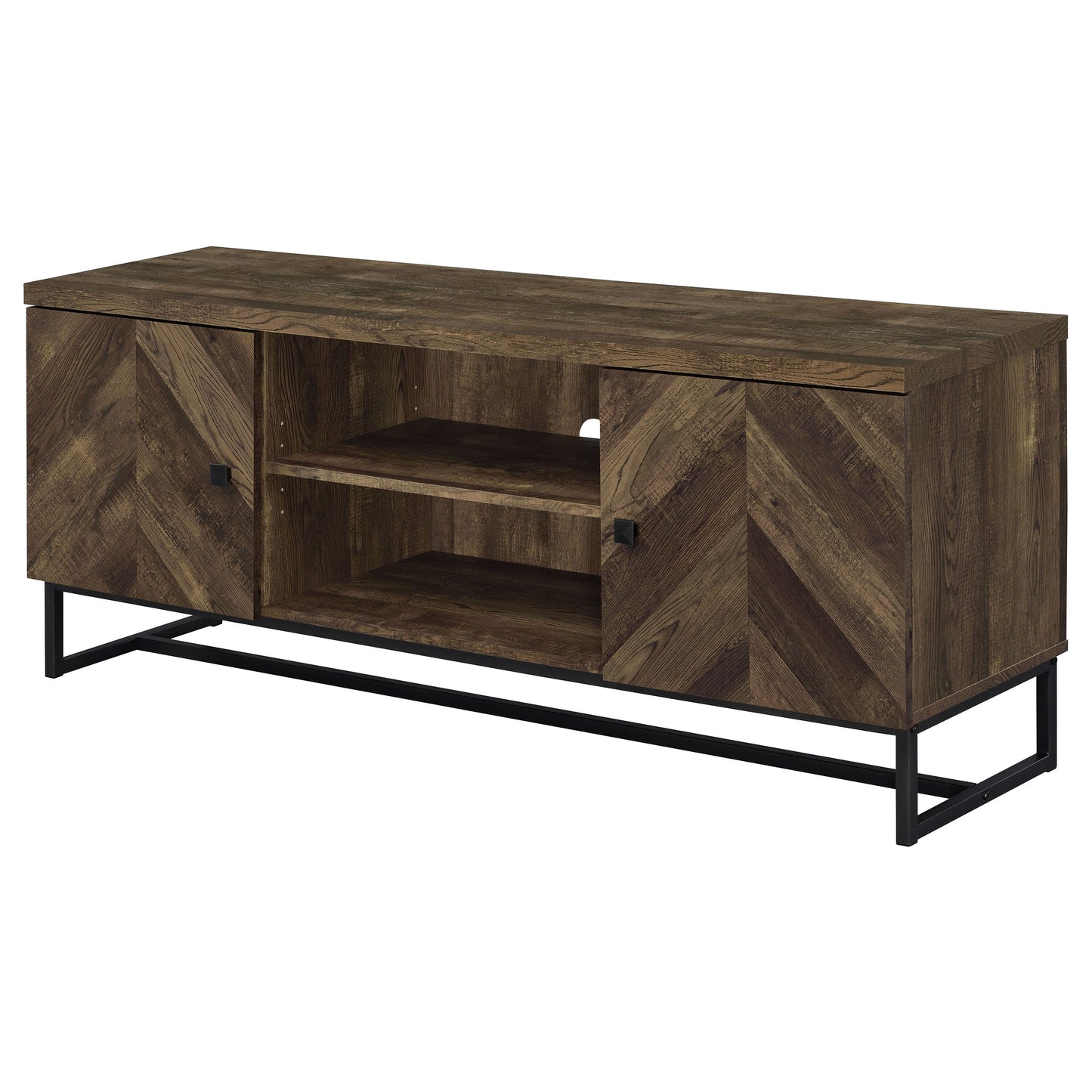 Myles 2-door TV Console with AdjusTable Shelves Rustic Oak Herringbone