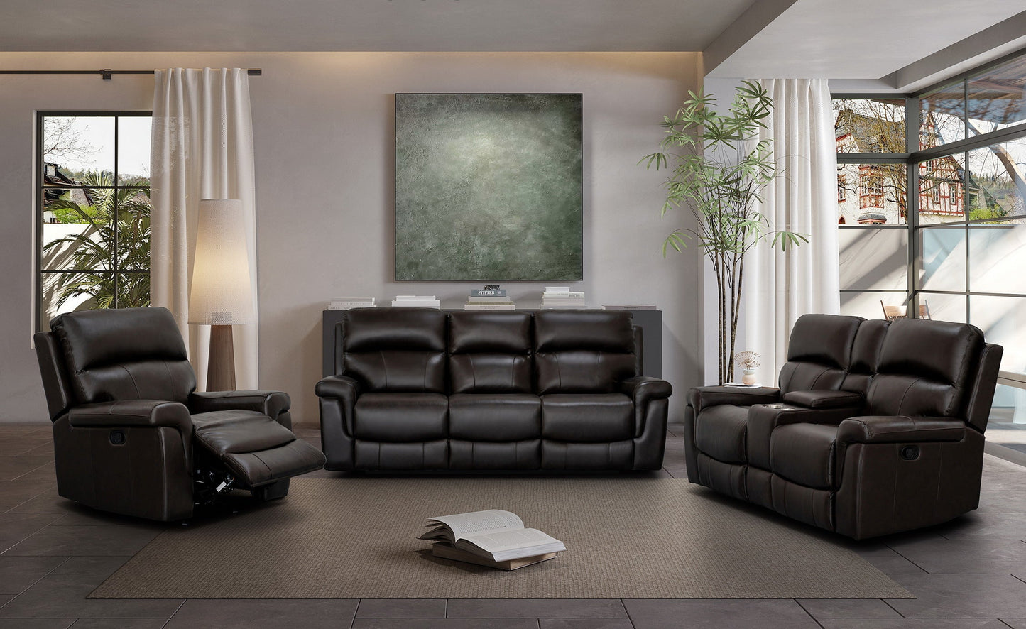 Lambeau Dark Brown Leather Console Loveseat w/ Popout Cup Holders