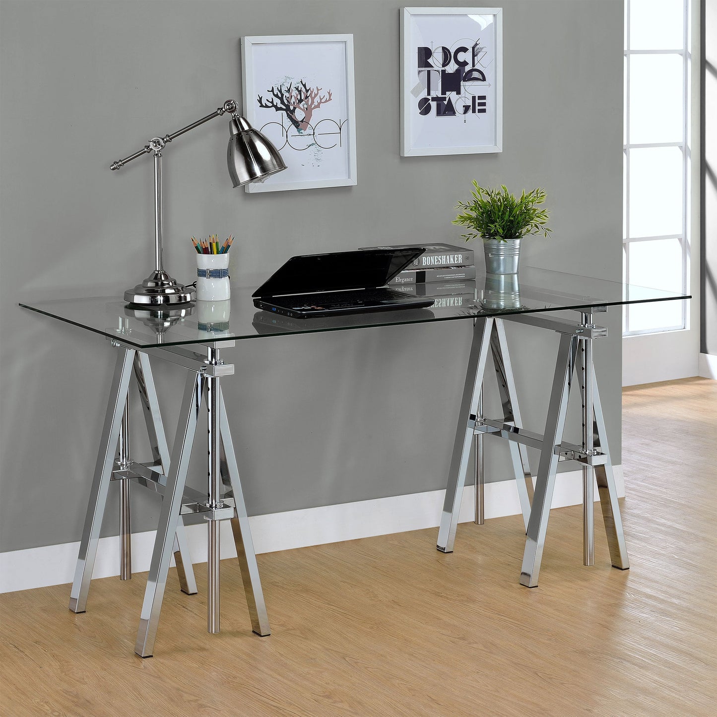 Statham Glass Top AdjusTable Writing Desk Clear and Chrome