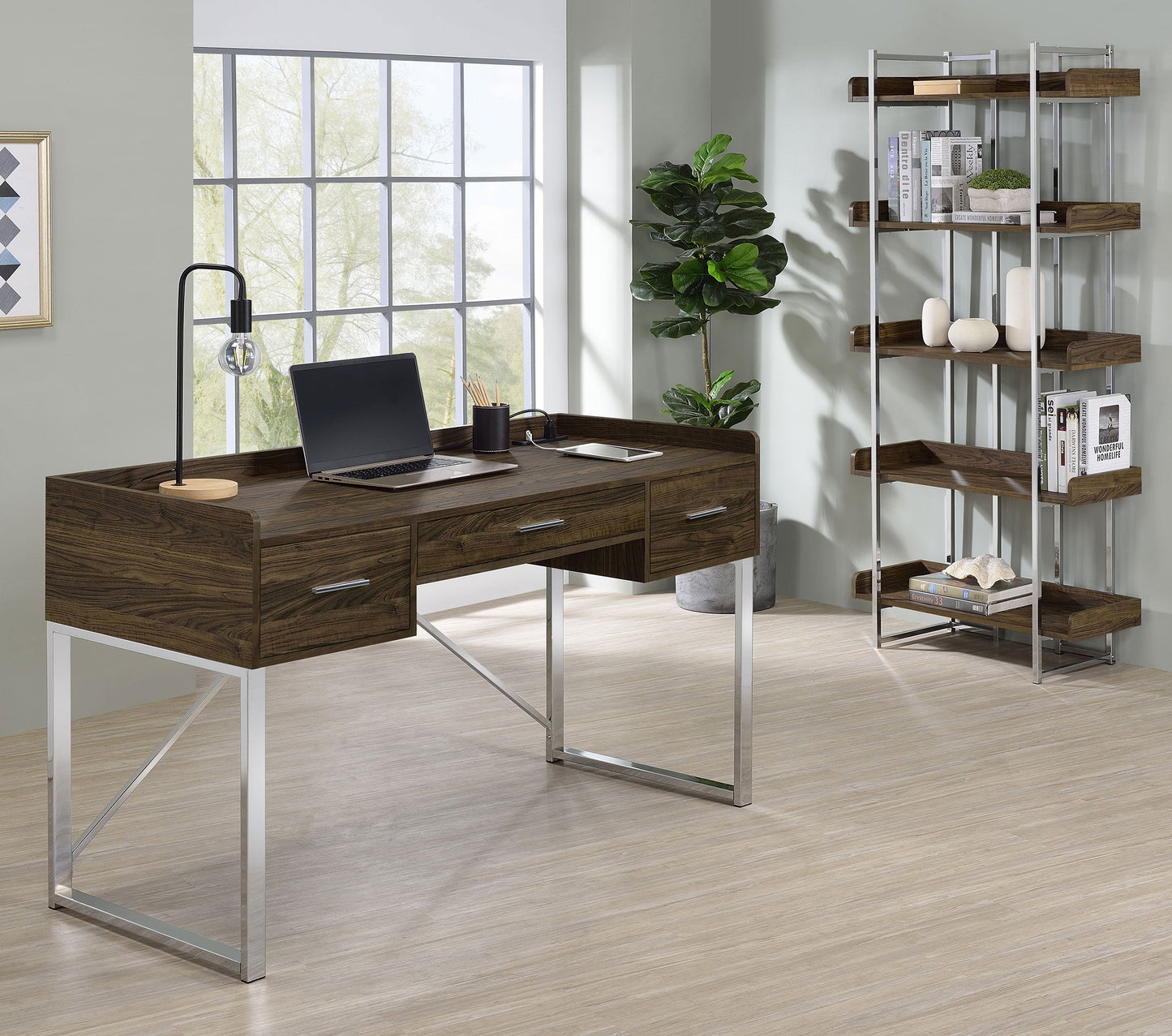 Angelica 3-drawer Writing Desk Walnut and Chrome