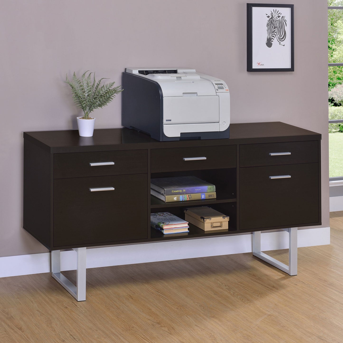 Lawtey 5-drawer Credenza with AdjusTable Shelf Cappuccino