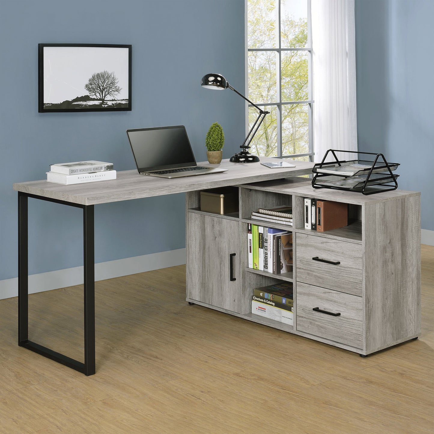 Hertford L-shape Office Desk with Storage Grey Driftwood
