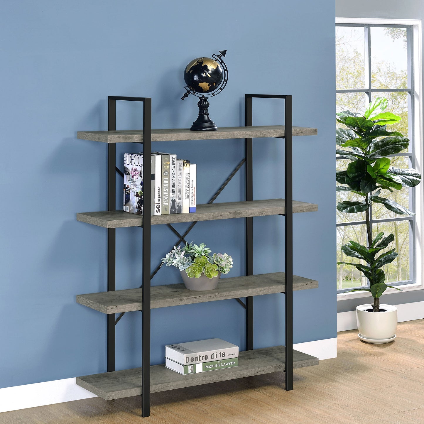 Cole 4-Shelf Bookcase Grey Driftwood and Gunmetal