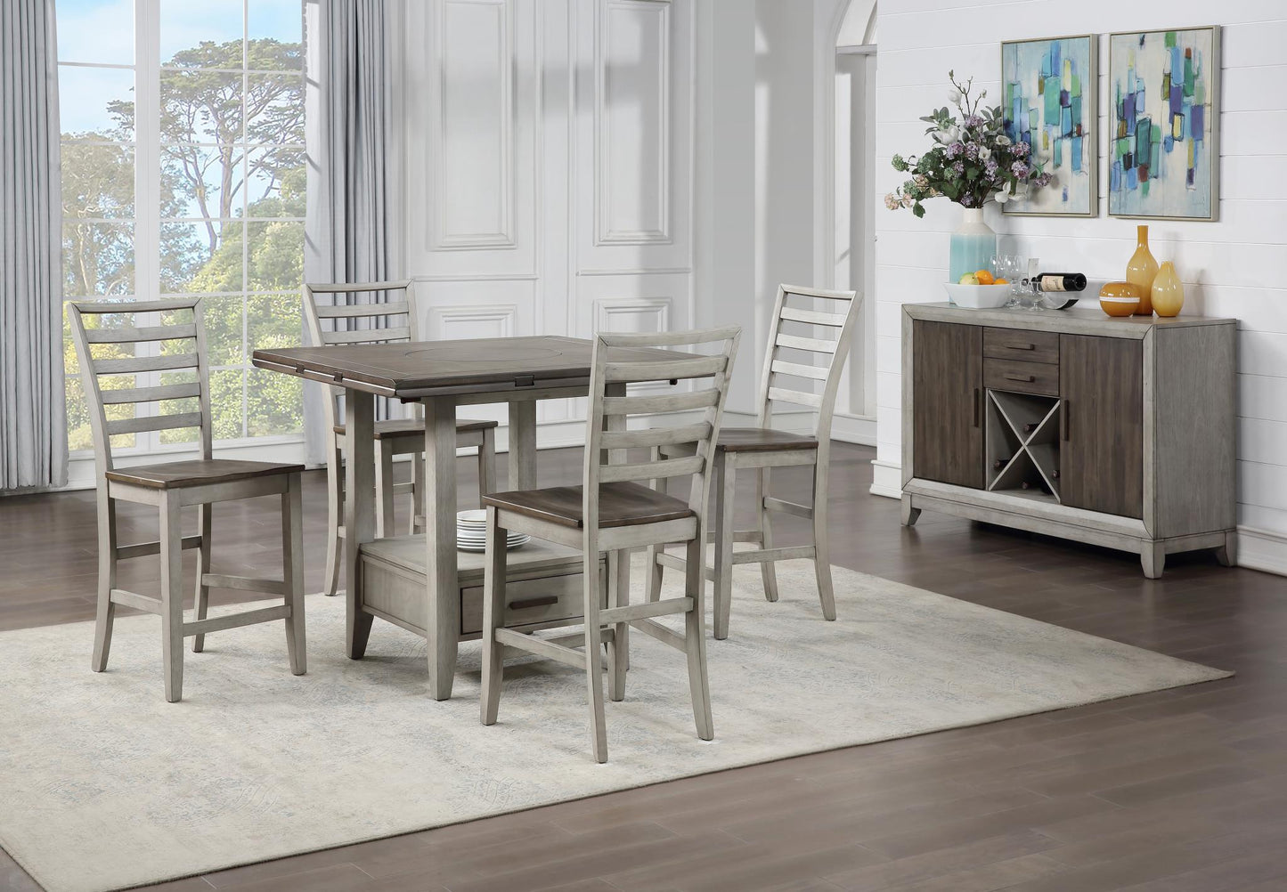 Abacus Drop-Leaf Counter Table, 6 Counter Chairs 7 PC Set