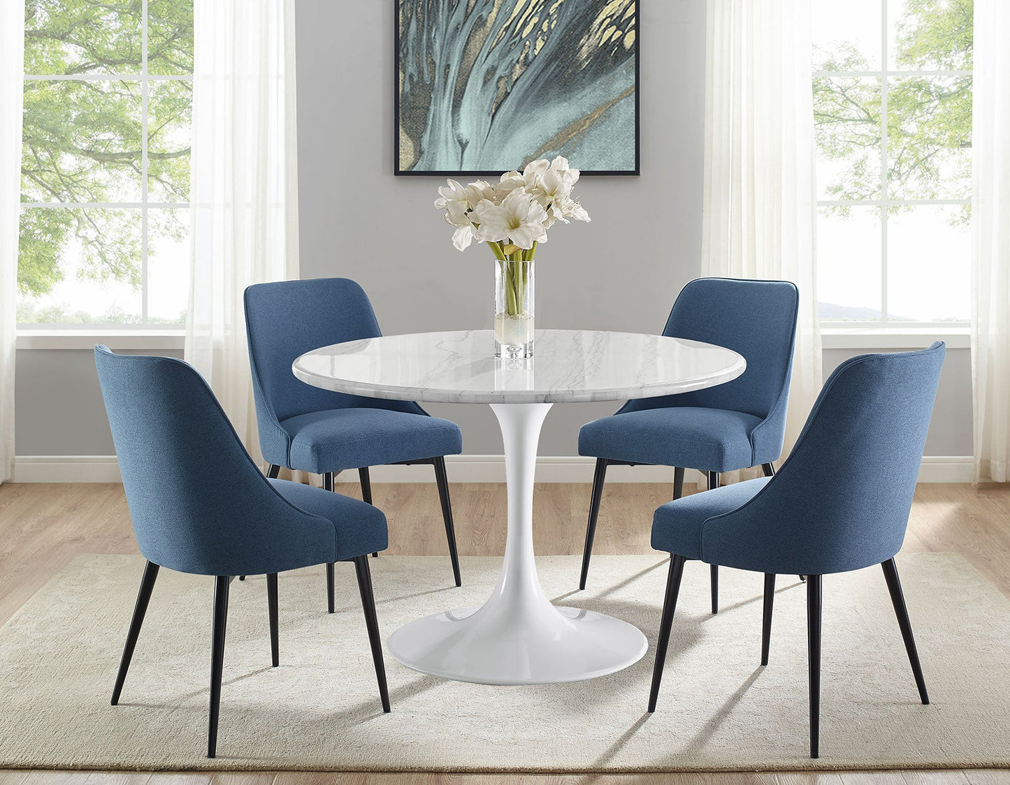 Colfax 7-Piece White Marble Dining Set, Navy Chairs