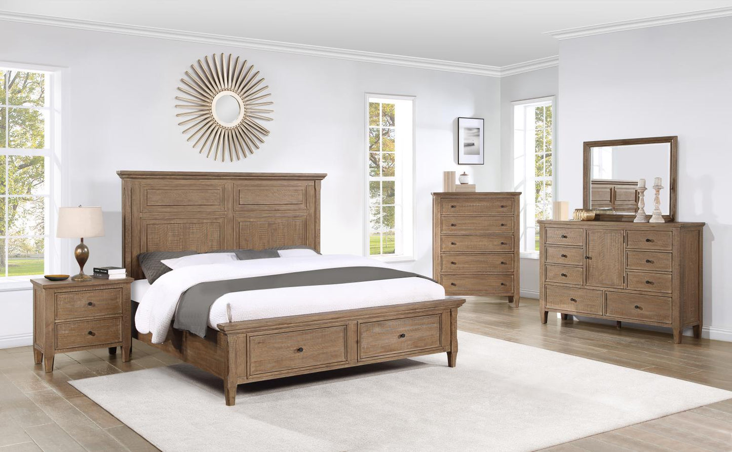 Riverdale Driftwood King Storage Bed, Dresser, Mirror, Nightstand
