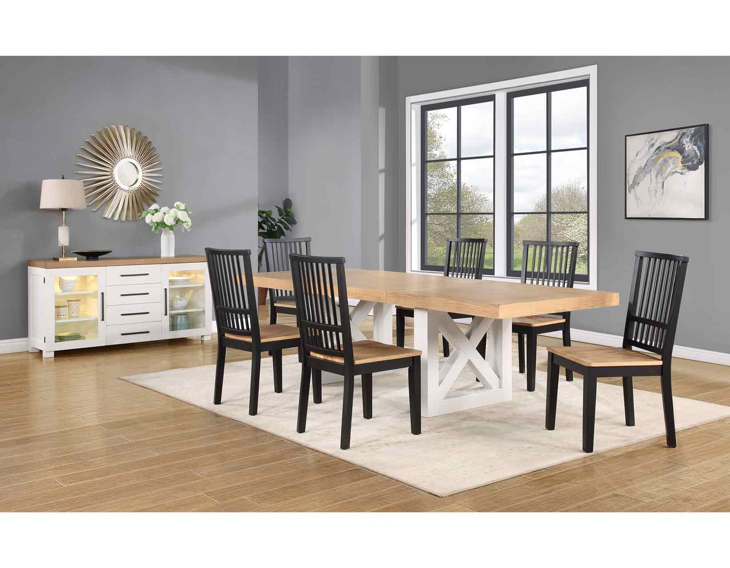 Magnolia White Base Dining Table, 6 Side Chairs