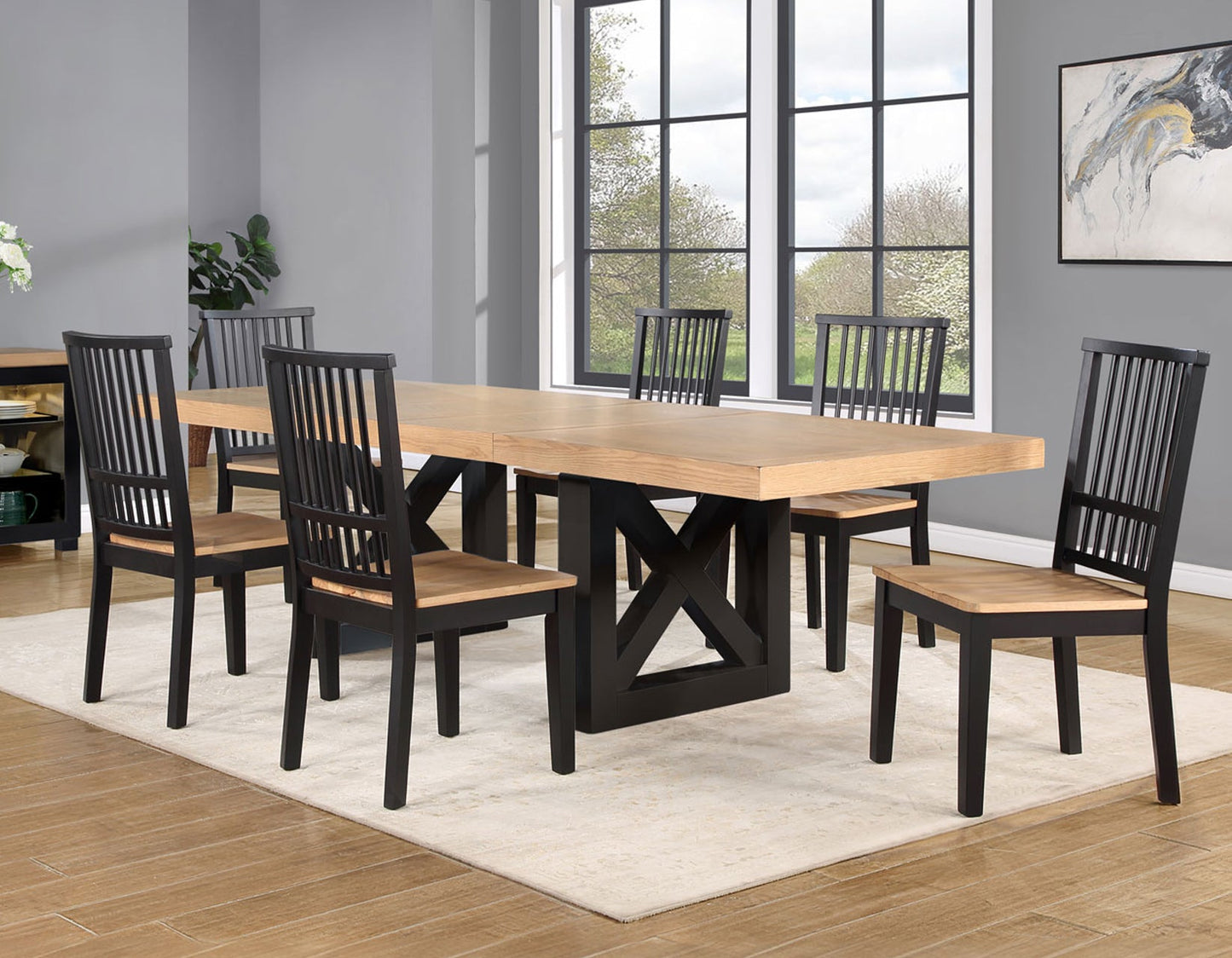 Magnolia Black Base Dining Table, 6 Side Chairs