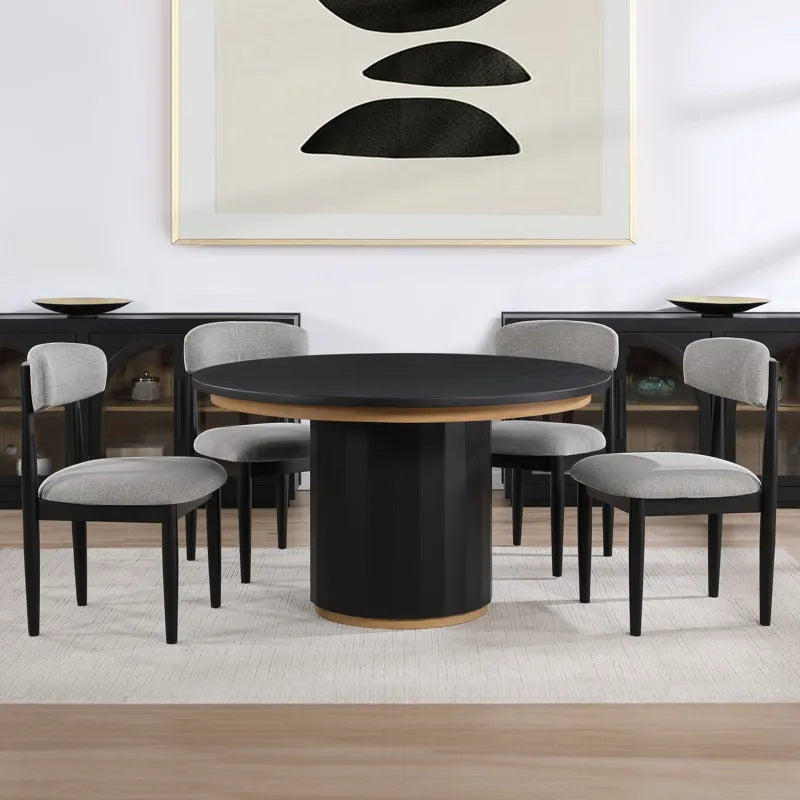 Magnolia 52-nch Round Dining Table & 4 Upholstered Side Chairs, Black Finish