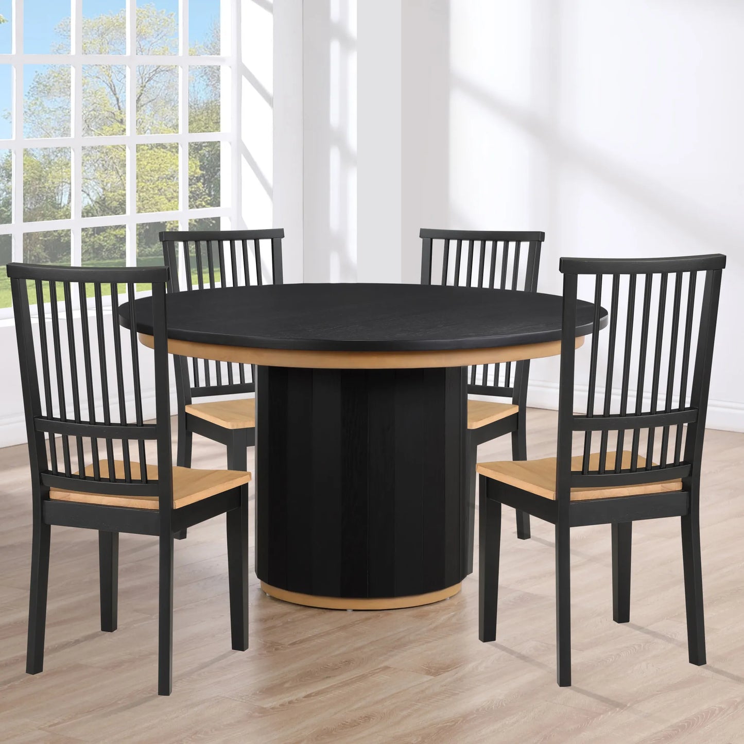 Magnolia 52-inch Round Dining Table & 4 Upholstered Side Chairs, Black Finish