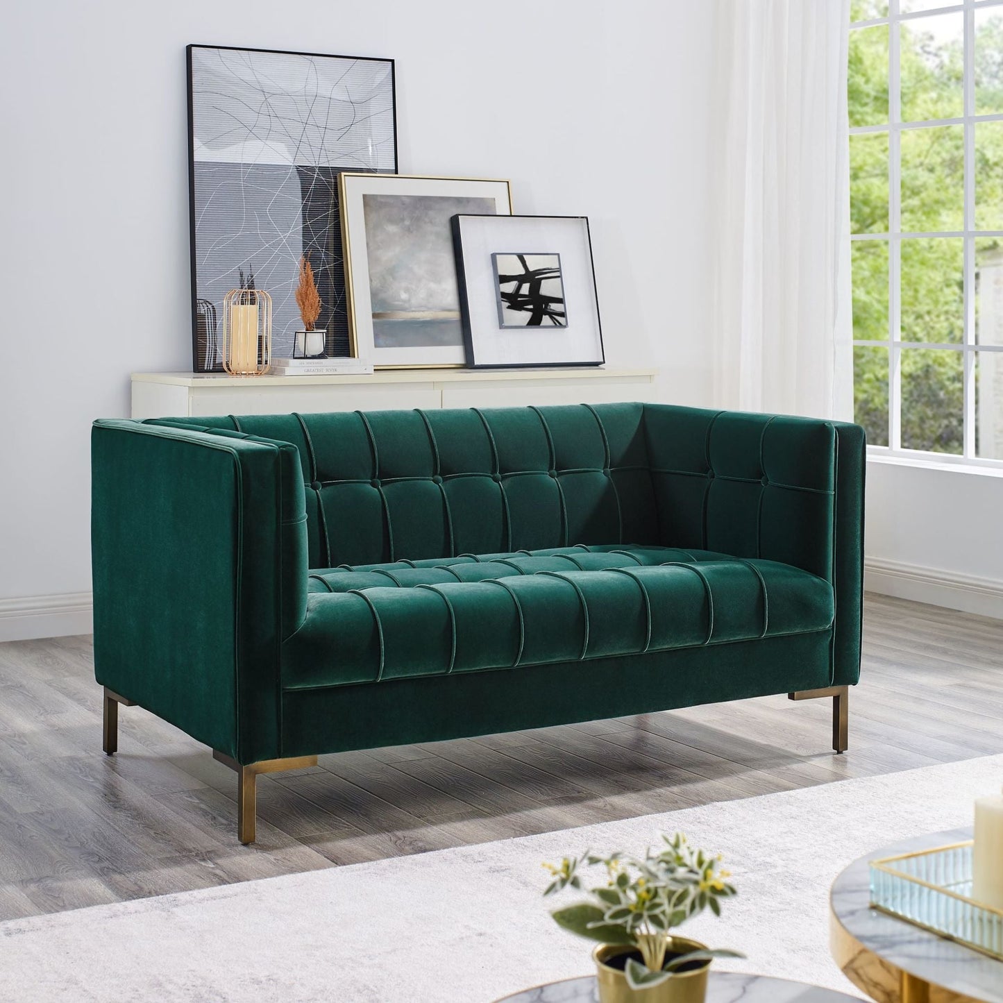 Isaac Channel Stitch Green Velvet Loveseat